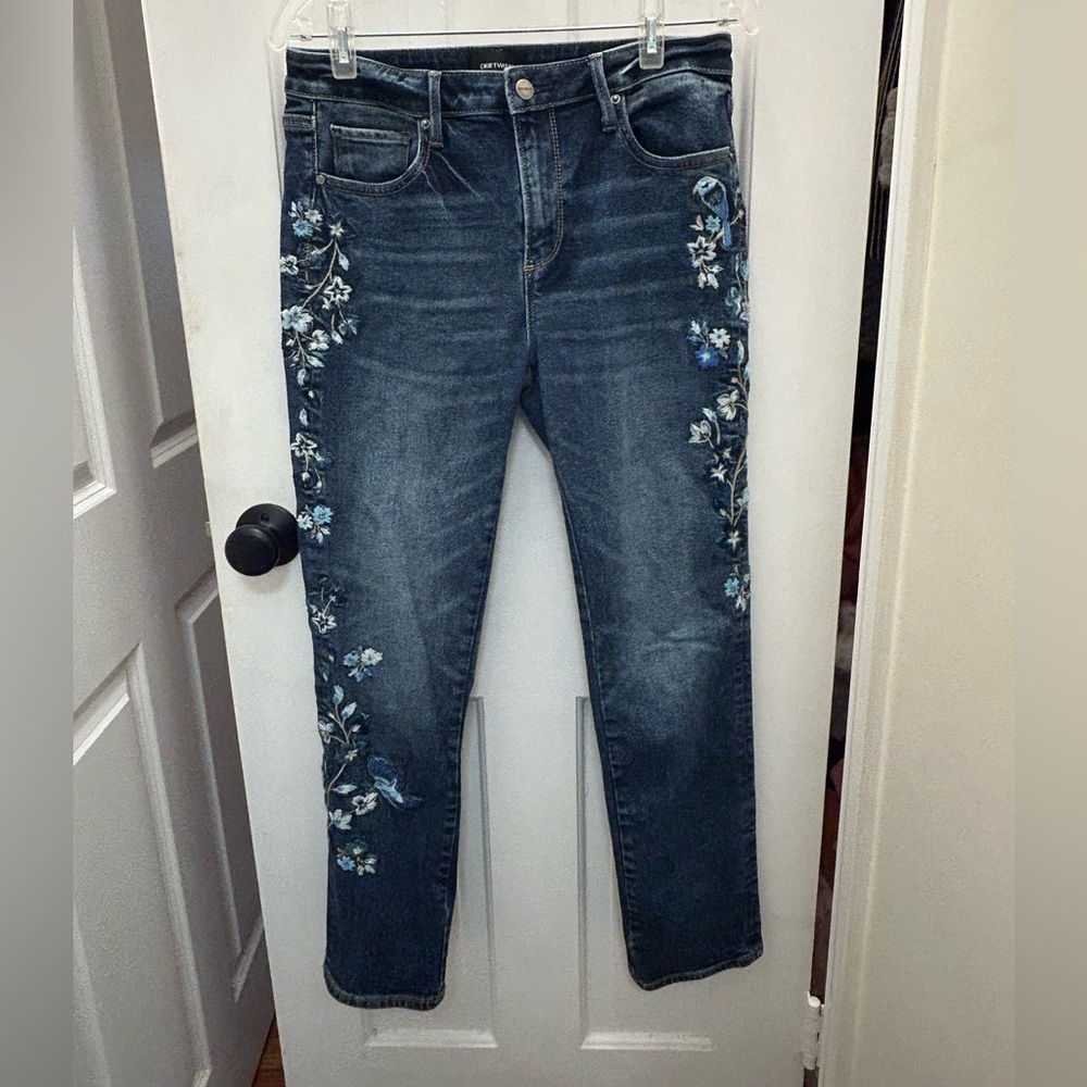 DRIFTWOOD AUDREY HIGH RISE EMBROIDERED FLORAL BIRD STRAIGHT LEG JEANS SIZE 28